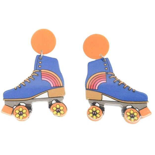 Roller skate earrings with orange wheels