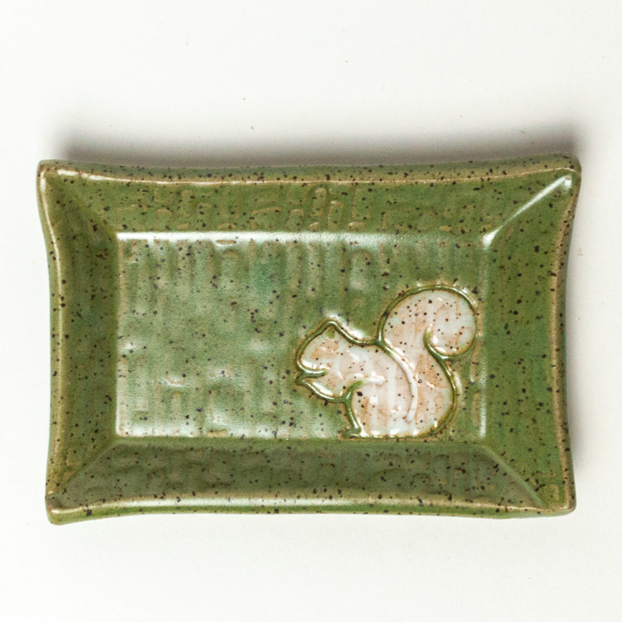 Pottery White Squirrel Handmade Ceramic Green Trinket Dish