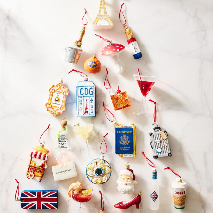 Press for Champagne glass ornament with gold frame, 2.75 inches tall, hand-painted with glitter accents.