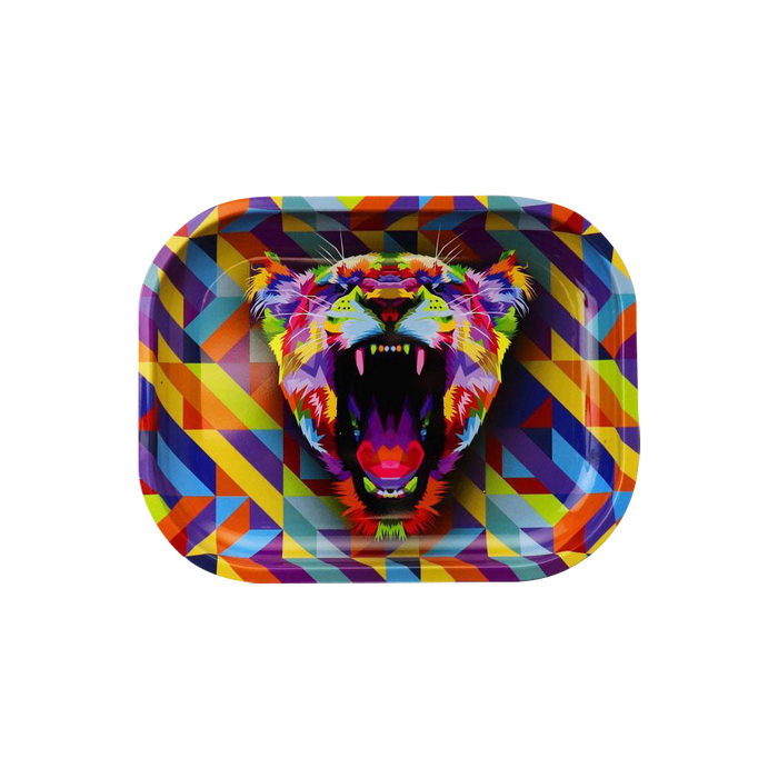 A top-down view of the “Puff Puff Pass “Lioness” Rolling Tray” featuring a vibrant, geometric lioness design on a flat surface.