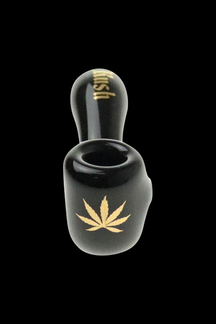 A close-up, angled view of the “Puff Puff Pass” “OG Kush” Strain Pipe, showing its smooth, dark finish and curved design.