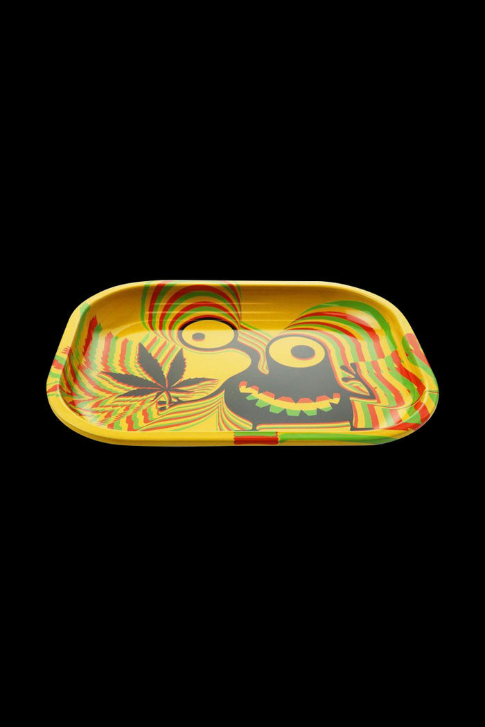 A top-down view of the Puff Puff Pass Rolling Tray - Green Herb, featuring a vibrant, patterned design.