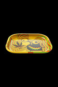 A top-down view of the Puff Puff Pass Rolling Tray - Green Herb, featuring a vibrant, patterned design.
