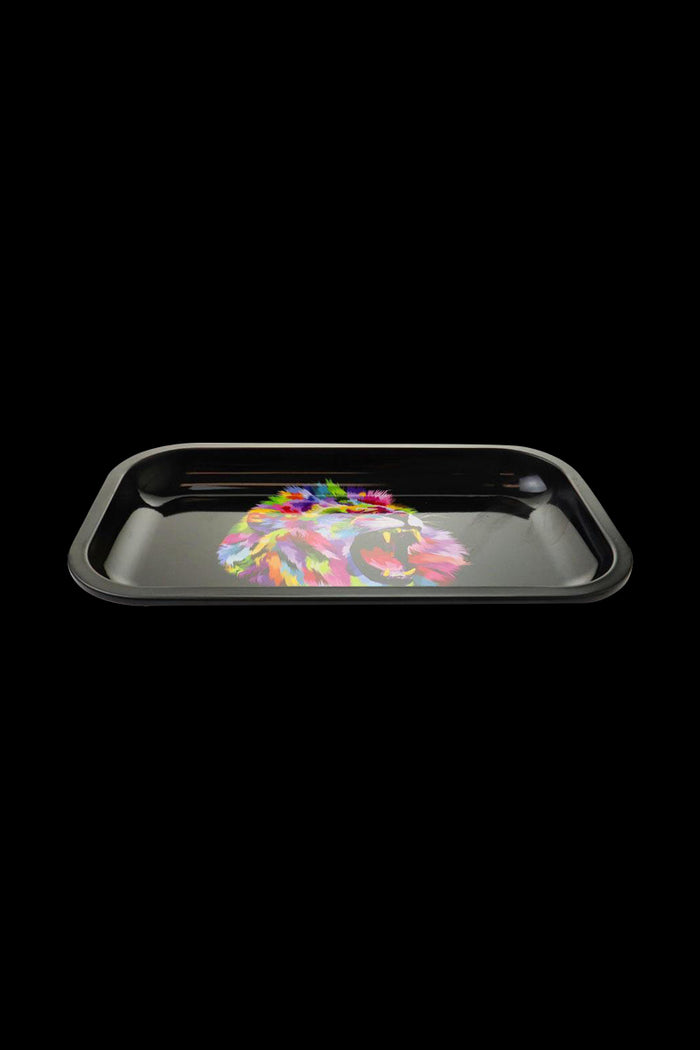 The Puff Puff Pass Rolling Tray - Lion is shown in a top-down view, featuring a lion design on a black metal tray.