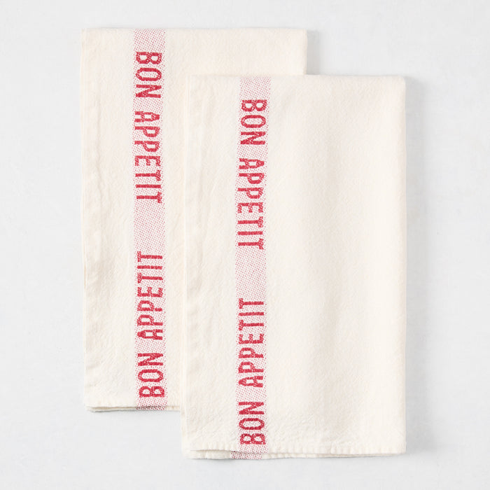 Set of 2 red "Bon Appetit" hand-loomed linen hand towels with red stripe.