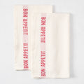 Set of 2 red "Bon Appetit" hand-loomed linen hand towels with red stripe.