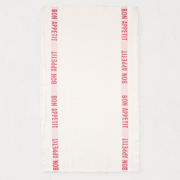 White linen "Bon Appetit" hand towel with red vertical stripes, 27.5"L x 17"W.