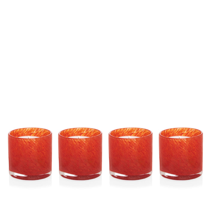 Four red mouth-blown glass votive candle holders, 2.7" x 2.7", with a swirled texture.