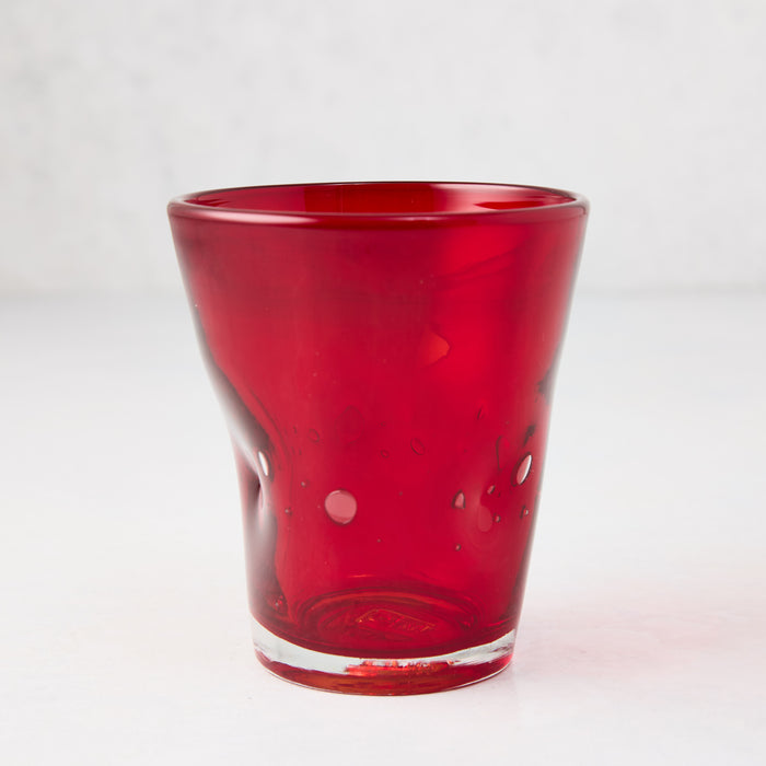 Red Henri mouth-blown glass, 8 oz, with unique imperfections and air bubbles.