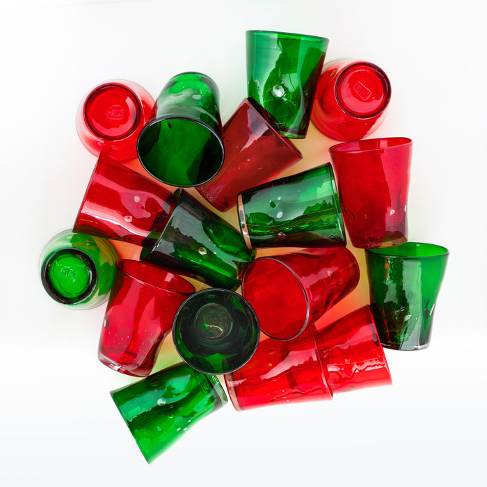 Pile of handmade red and green Henri mouth-blown glassware, 8 oz. glasses.