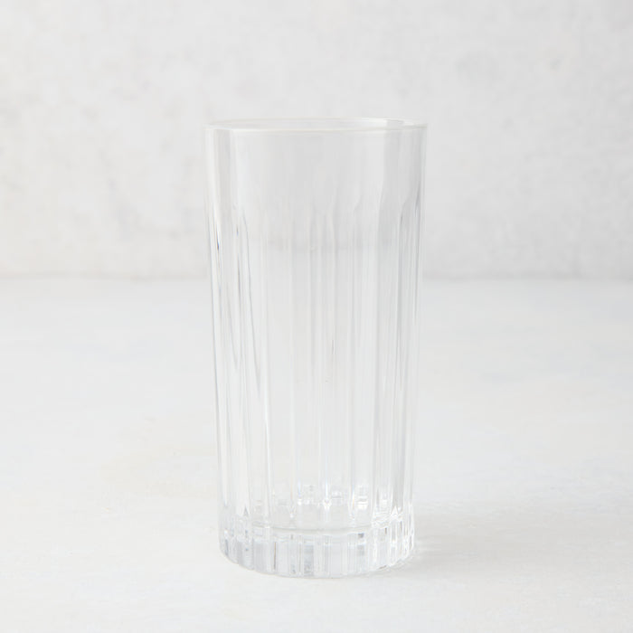 Regent Eco-Crystal High Ball Glass, clear lead-free crystal, 6"H, with vertical ridges.