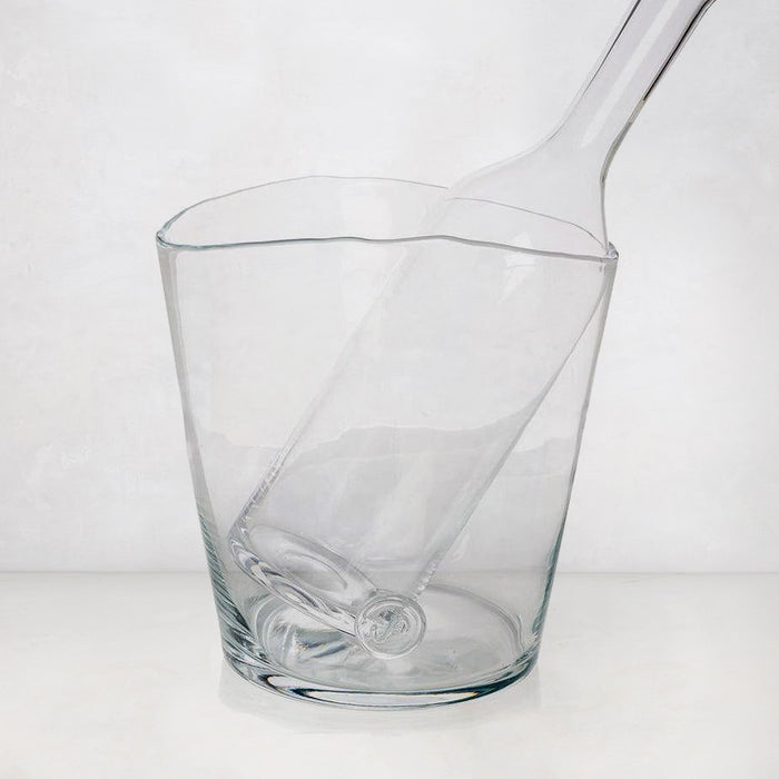 Clear mouth-blown glass Romeo Scissor-Cut Wine Carafe, 17.5"H, with a unique angled rim.