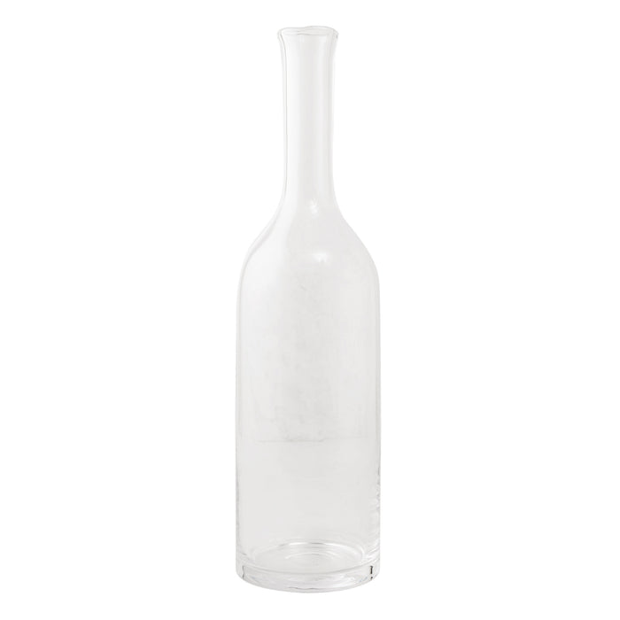 Romeo Scissor-Cut Glass Wine Carafe, tall clear mouth-blown glass with narrow neck and hand-sheared rim.