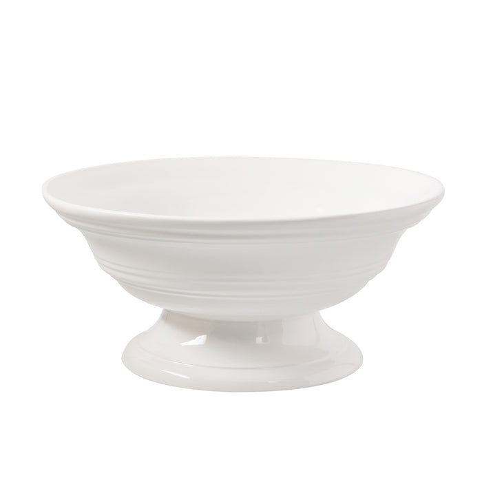 White ceramic footed bowl, 11.5" round, with horizontal ridges.