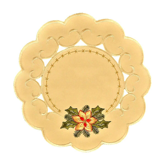 cream round Christmas doily holly flower embroidery linen Funke Germany