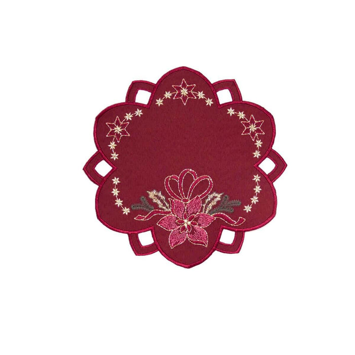 Bordeaux round linen doily with floral embroidery gold stars scalloped edge and cutwork design