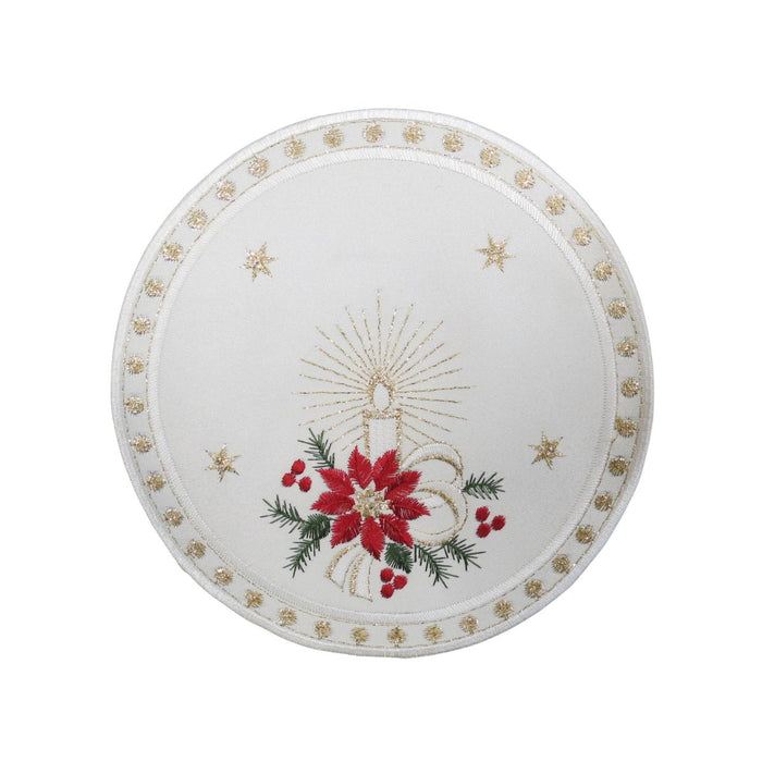 creme linen doily with candlelight embroidery featuring candles stars and festive holiday design
