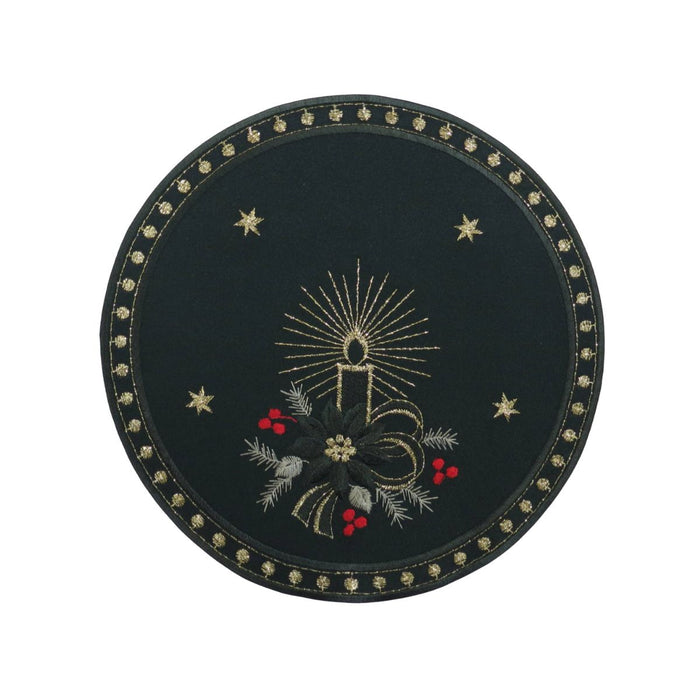 green linen doily with candlelight embroidery candles stars and festive holiday design