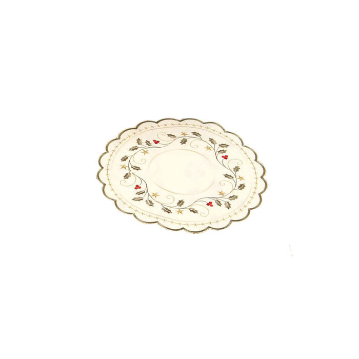 Champagne round linen doily with holly leaves red berries embroidery scalloped edge Funke Germany