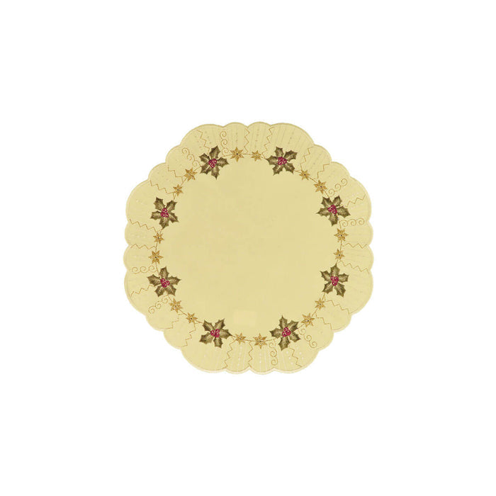 champagne round table linen holly leaves red berries gold stars embroidery Funke Germany