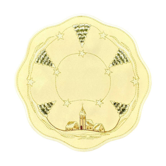 champagne round table linen snowy trees church embroidery stars Funke Germany