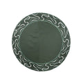 Round green table linen with embroidered scroll border and solid center design