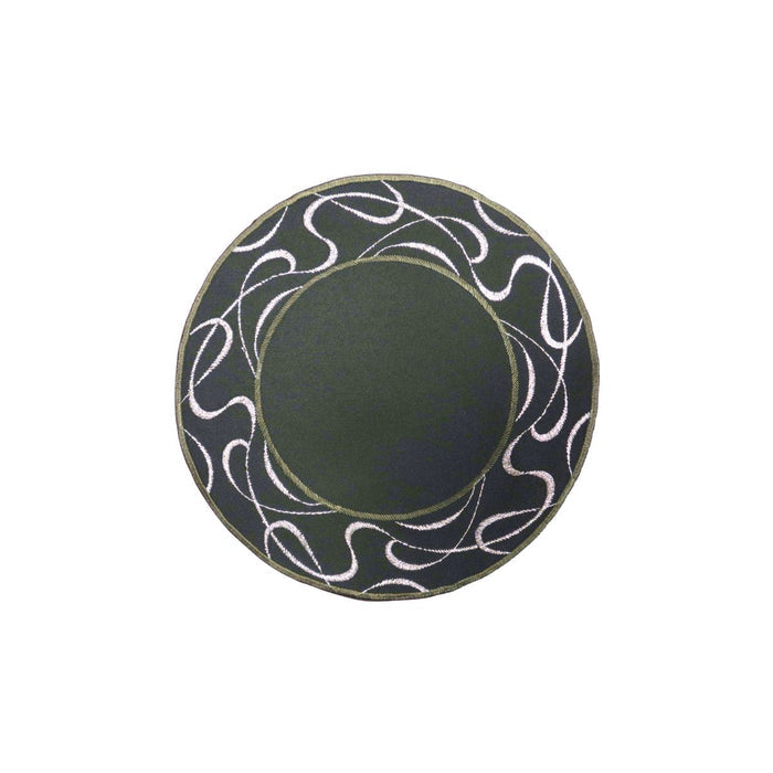 Small round green table linen with embroidered scroll border
