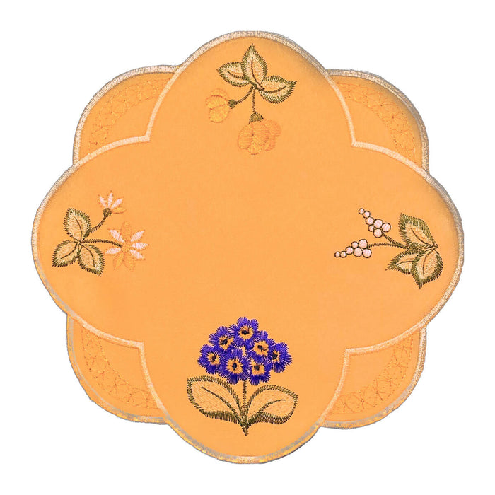 Mandarin orange round linen doily with primrose floral embroidery scalloped edge Funke Germany