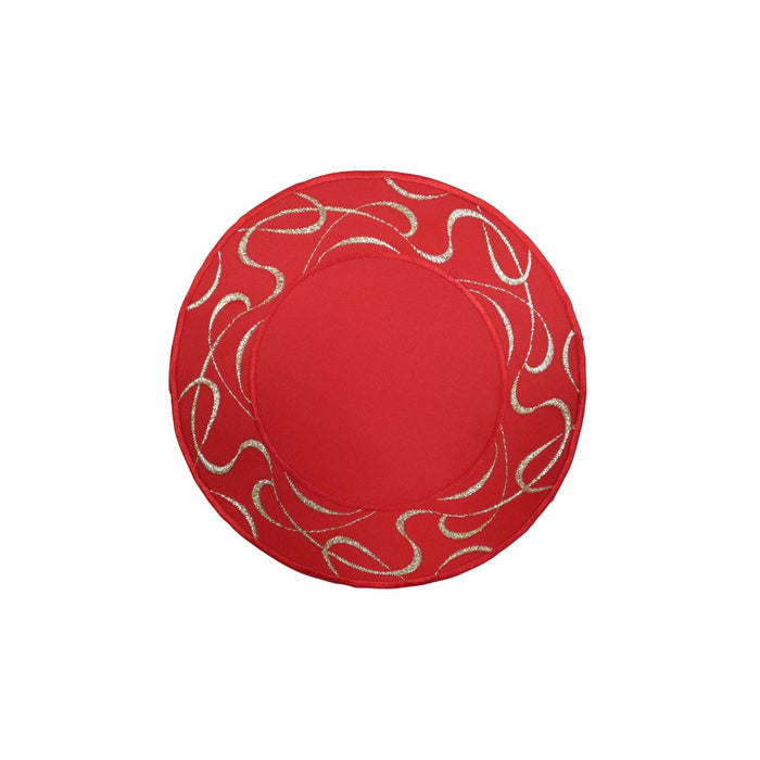 Small round red table linen with embroidered decorative border