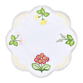 White round linen doily with primrose floral embroidery scalloped edge Funke Germany