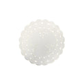 White round linen placemat with scalloped cutwork edge and subtle leaf tendril embroidery