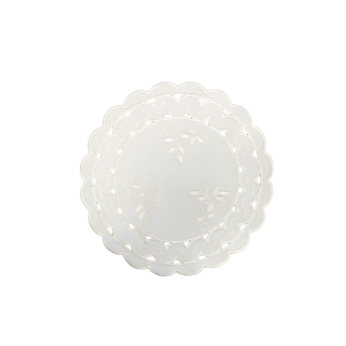 White round linen placemat with scalloped cutwork edge and subtle leaf tendril embroidery