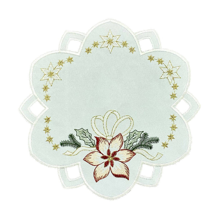 Round off white linen doily with embroidered poinsettia and gold stars scalloped edge Funke Germany