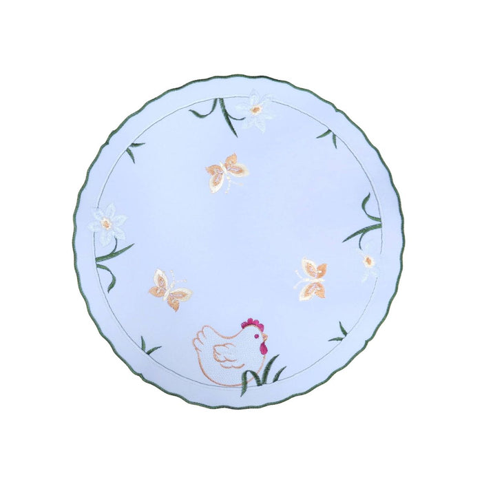 white round linen table linen chicken butterfly embroidery farmhouse design Funke Germany
