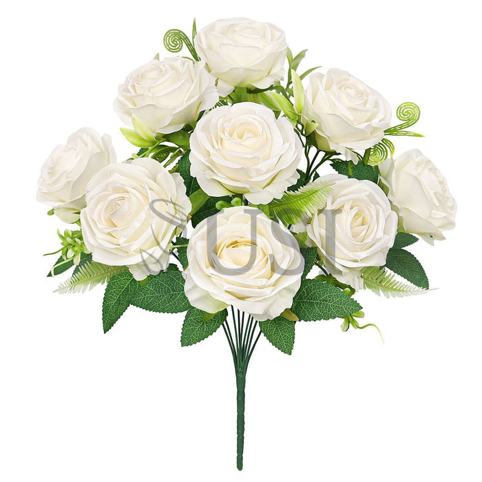 Royal Rose Flower Bush w Filler x9, 17in, Cream