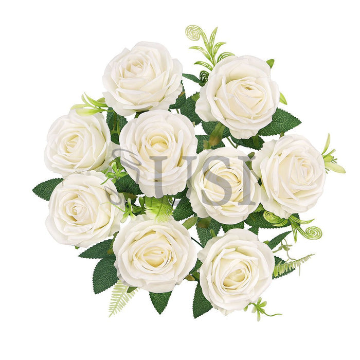 Royal Rose Flower Bush w Filler x9, 17in, Cream