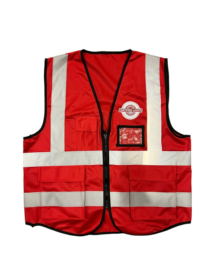 Certified Lights red safety vest with reflective stripes, 3 pockets, and front logo. XL size.