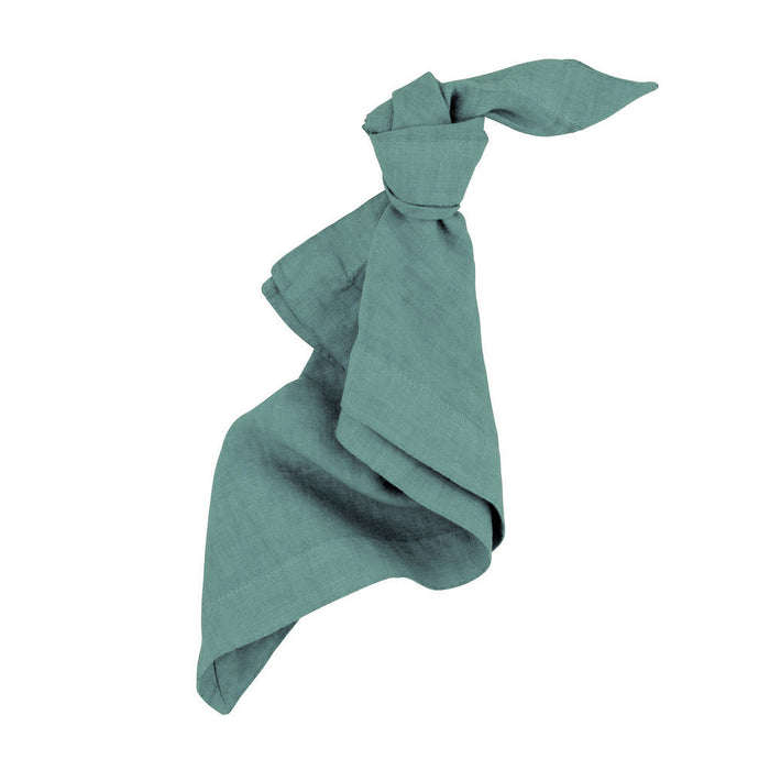 Sage HG Signature hand-dyed linen napkin, 22-inch square, tied in a knot.