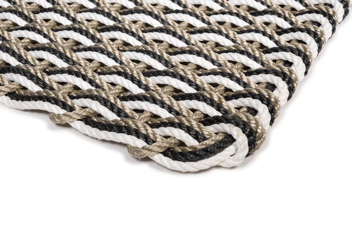 Handwoven Sand, Charcoal, Pearl Rope Doormat with braided pattern and rounded corner.