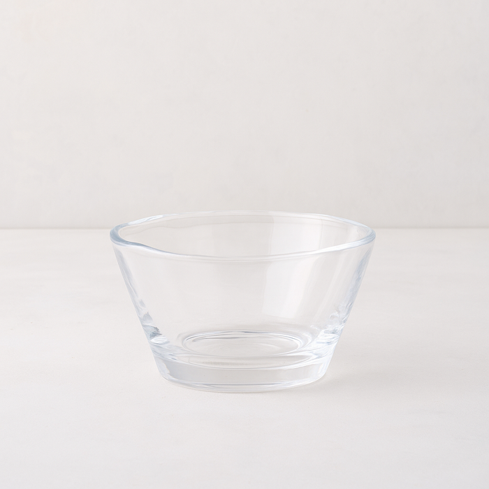 Clear glass breakfast bowl with a unique scissor-cut top, 5" Dia x 3"H.