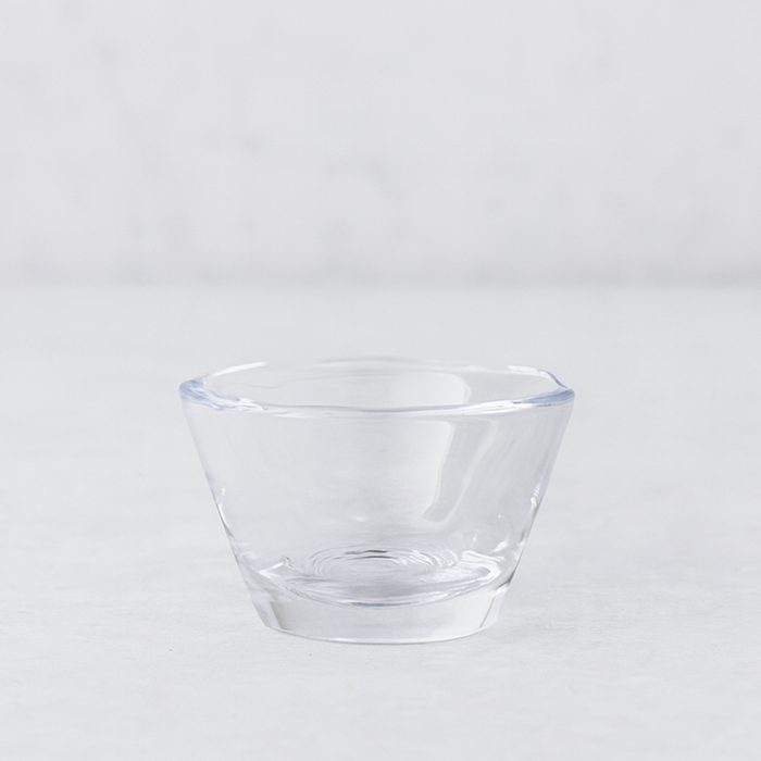 Clear, handmade Belgian glass breakfast bowl with a unique scissor-cut top, 5" Dia x 3"H.