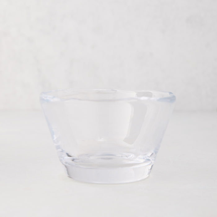 Clear glass breakfast bowl with a unique scissor-cut top, 5" Dia x 3"H.