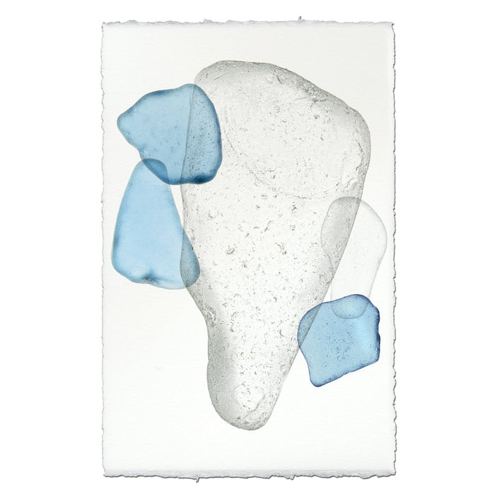 Sea Glass #3 handmade paper wall art print with translucent blue and clear glass shapes.