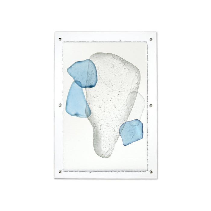 Sea Glass #3 wall art print on handmade Nepalese paper, featuring clear and blue sea glass shapes.