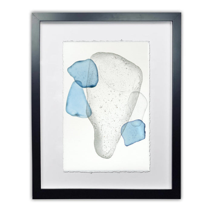 Sea Glass #3 framed wall art print on Nepalese handmade paper, featuring blue and clear abstract shapes.