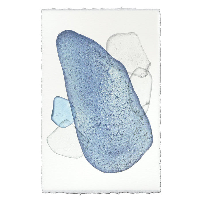 Sea Glass #4 wall art print on handmade Nepalese paper, featuring blue and clear sea glass shapes.