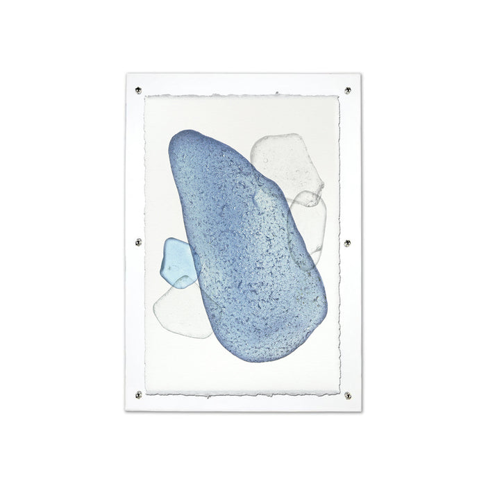 Sea Glass #4 wall art print on Nepalese handmade paper, featuring blue and clear sea glass shapes.