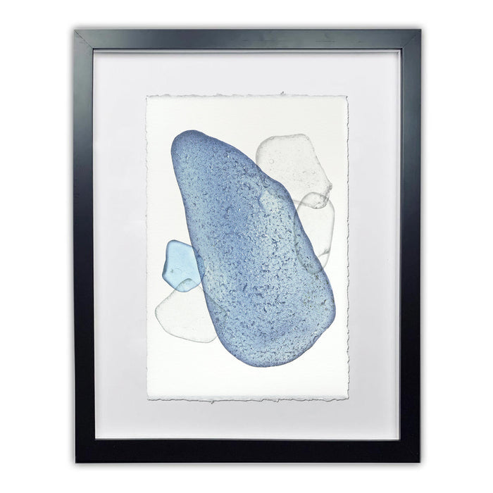 Framed Sea Glass #4 print on Nepalese handmade paper, featuring blue and clear sea glass shapes.