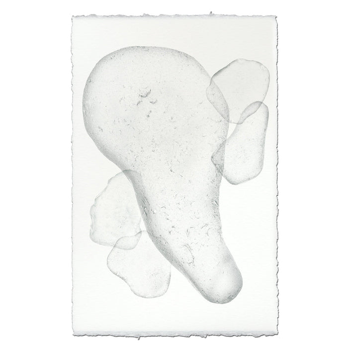 Sea Glass #6 handmade paper wall art print, abstract clear shapes on textured white paper with deckled edges.