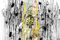 Faint cuckoo clock behind black and yellow vertical lines.
